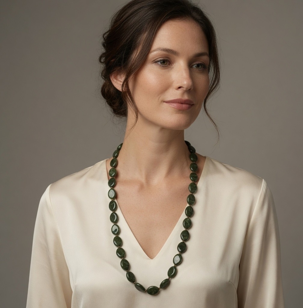Vintage Inspired Dark Green Beaded Long Necklace 37" Very Good Condition